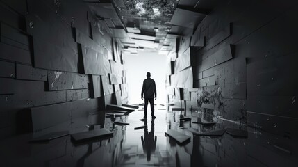 A lone figure stands in a dark, abstract maze, looking towards a distant light source.  The image conveys themes of uncertainty, hope, and the search for a way out.