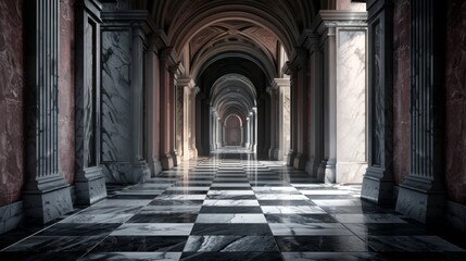Fototapeta premium A long, grand hallway with checkered floor and marble pillars leads to a bright, open doorway at the end.