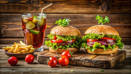 Delicious wooden table set with gourmet burgers, crispy fries, and refreshing drinks, garnished with fresh lettuce and vibrant tomatoes, on a rustic wooden background.