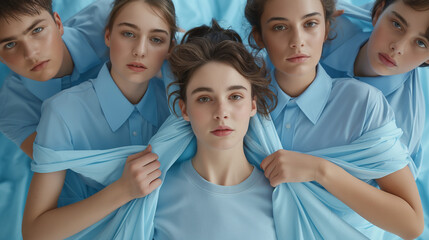 Fototapeta premium Group of people pulling the shirt of the model in the middle, fashion photography