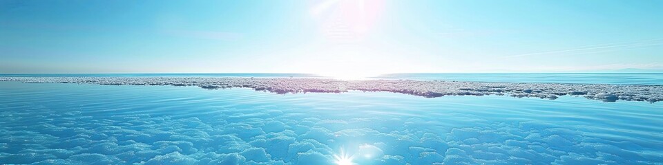 Naklejka premium Serene Lake Salt Scenery, Tranquil Waters and Sky, Salt Crystals on Surface, Horizon in Distance, Bright Sunlight - Ideal for Atmosphere of Tranquility and Simplicity, Clarity in Light Blue