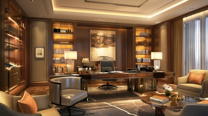 luxury hotel room cleverly equipped with an office area, featuring a sophisticated desk, high-speed internet, and plush seating