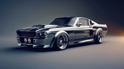 A sleek, black classic muscle car with a powerful engine and aggressive stance. The car is isolated against a dark grey background, highlighting its design details.