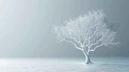 A solitary tree stands tall in a serene, minimalist landscape, its branches frosted with a delicate layer of white.