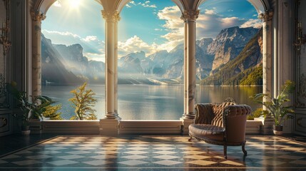 Fototapeta premium A sunlit room with a breathtaking view of a lake and mountains through arched windows. A chair sits invitingly by the window, offering a peaceful escape.