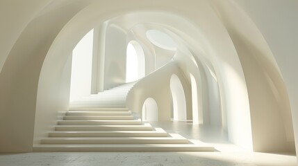 A white staircase leading upwards in a bright, modern building with arched doorways and windows.