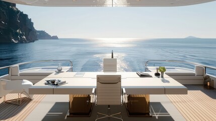 minimalist and serene office set up on the deck of a yacht, combining luxury and functionality with breathtaking sea views