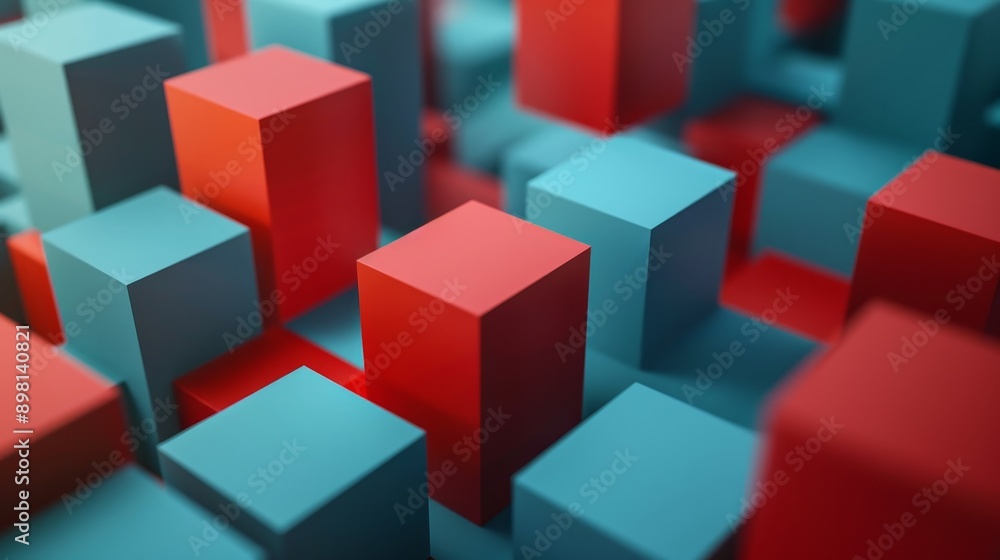 Poster abstract 3d rendering of red and blue cubes, creating a dynamic and colorful composition. perfect fo