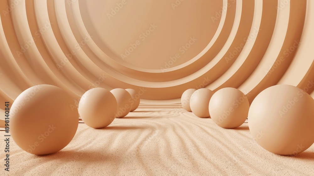Poster abstract 3d rendering of spheres and curved lines in a minimalist, monochromatic beige color scheme.