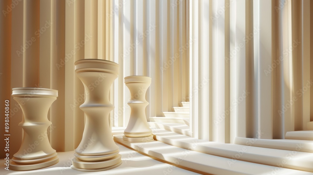 Poster abstract architectural design with white pillars and columns, featuring warm natural light and shado
