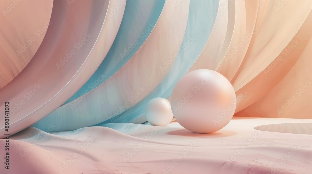 Poster abstract background with two white spheres on a soft fabric surface with curved lines in pastel colo