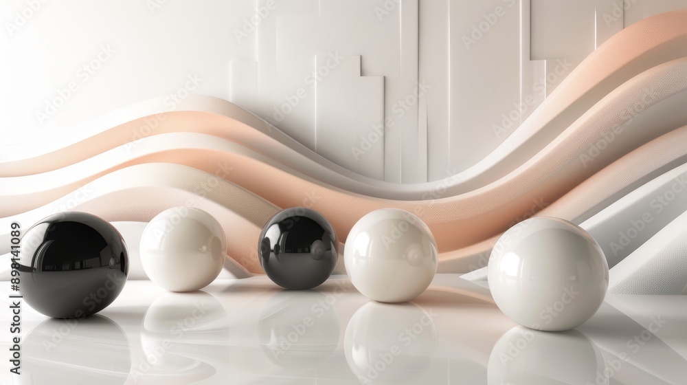 Poster abstract background with white and black spheres and wavy lines in minimal style.