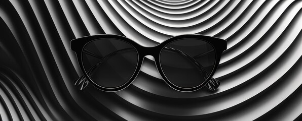 black sunglasses with elegant curves and retro style on abstract black and white background with high contrast lighting