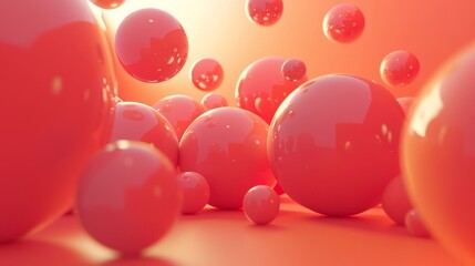 Abstract background with pink spheres floating in the air. The image is rendered in 3D with a soft glow effect.