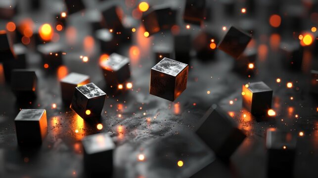 Abstract background with black cubes and glowing particles.