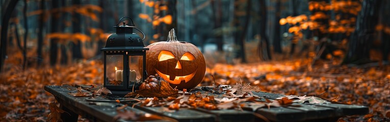 Mystical Halloween Night Pumpkin and Glowing Lantern