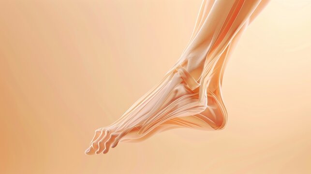 Detailed anatomical illustration of the human foot and ankle, showcasing bones, muscles, and tendons.