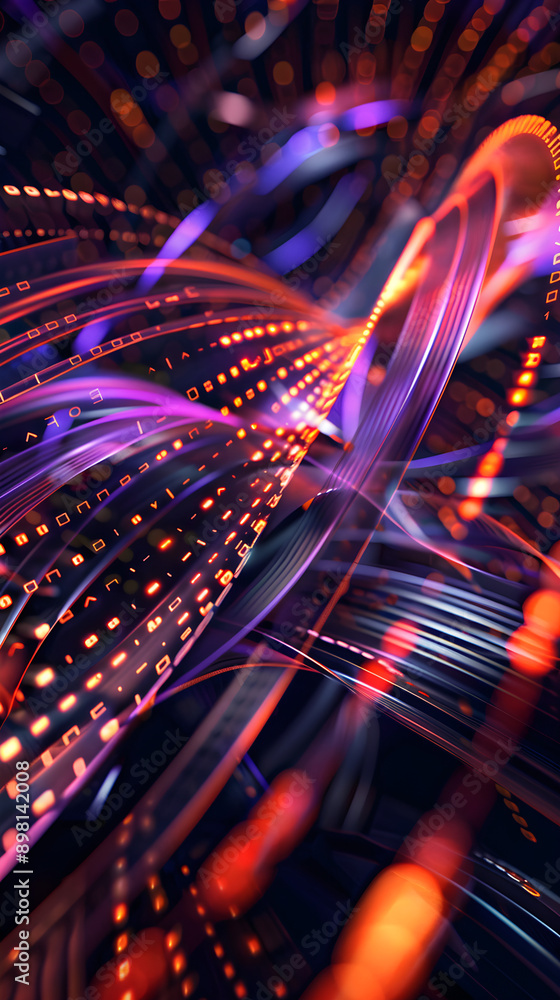 Poster vibrant abstract representation of digital data flow with glowing orange and purple lines intersecti
