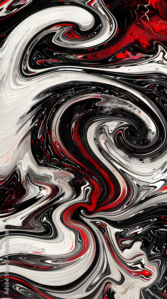 Poster vibrant swirls of red, black, and white create an abstract pattern, showcasing dynamic movement and 