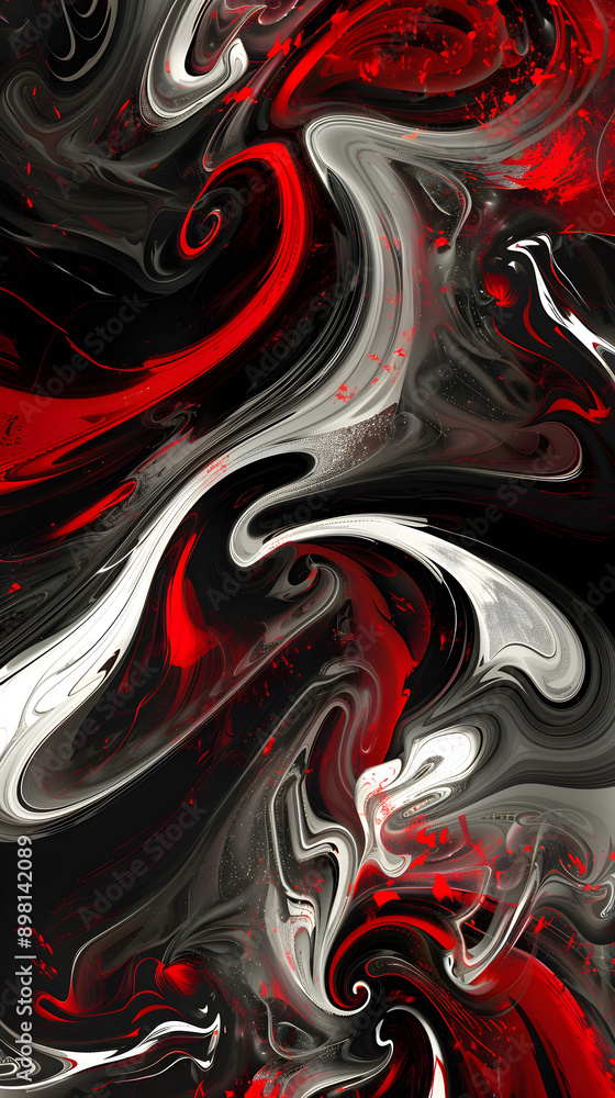 Poster bold swirls of black, red, and white create a dynamic abstract design, evoking motion and emotion th