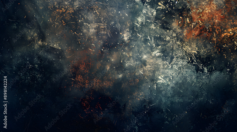 Poster dark and textured abstract background featuring a blend of deep blues and hints of orange, with intr