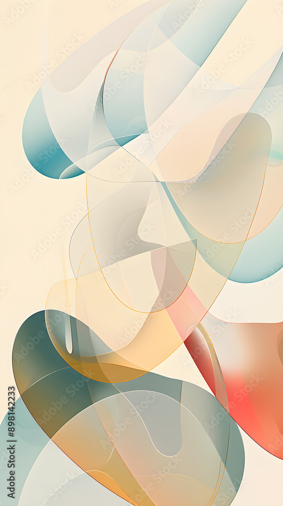 Poster soft and fluid abstract shapes in pastel colors intertwine gracefully, creating a sense of movement 