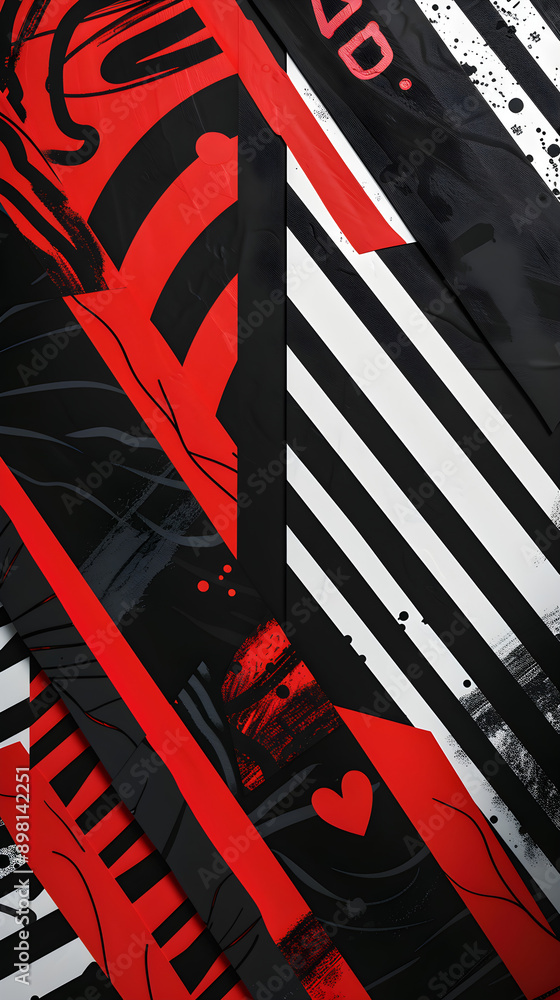 Poster vibrant abstract artwork featuring bold black, white, and red stripes with intricate patterns and sh