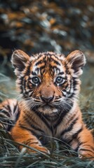 Fototapeta premium A baby tiger looks at the camera while hiding in the green grass