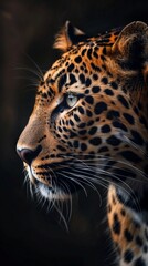 Obraz premium A regal leopard stares intently, its sharp gaze piercing the darkness