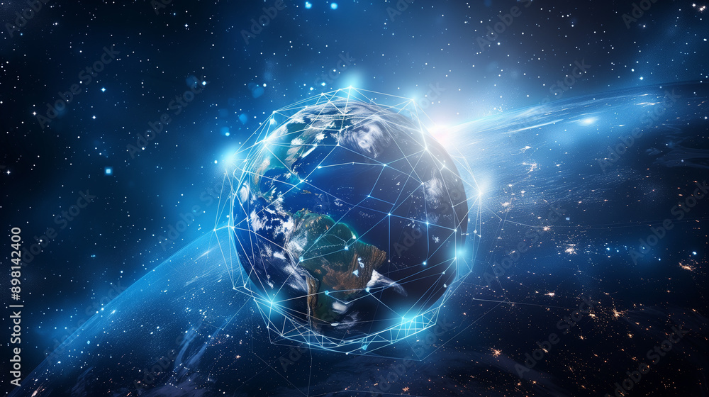 Poster a blue globe with a network of lines surrounding it