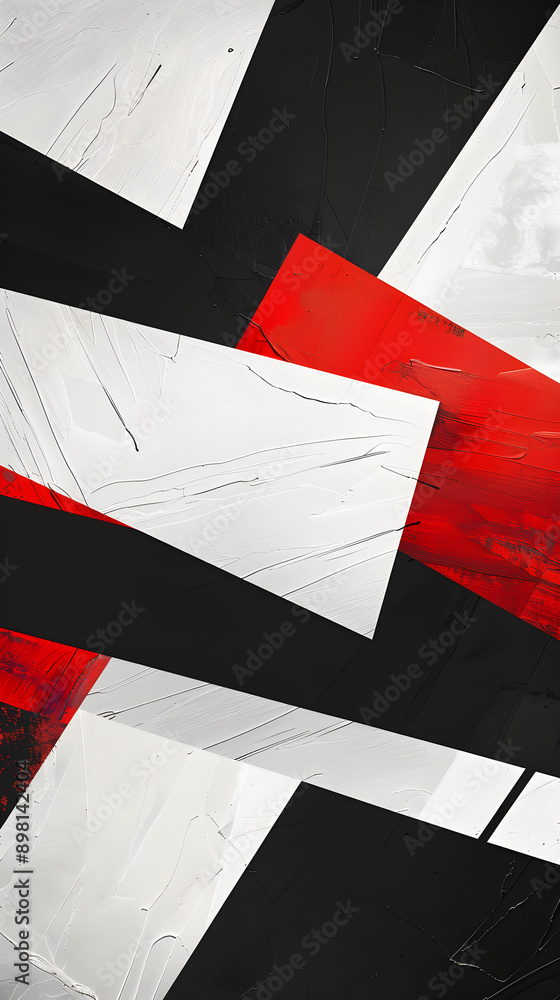Poster abstract composition featuring bold black, white, and red geometric shapes layered with striking tex