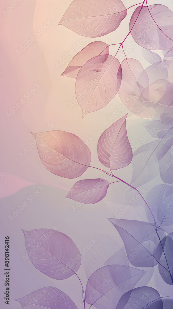 Poster delicate translucent leaves in soft hues of purple and pink gracefully overlap on a light gradient b
