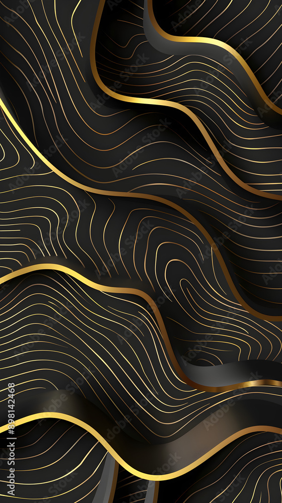 Poster elegant abstract waves feature a smooth black background adorned with intricate golden lines, creati