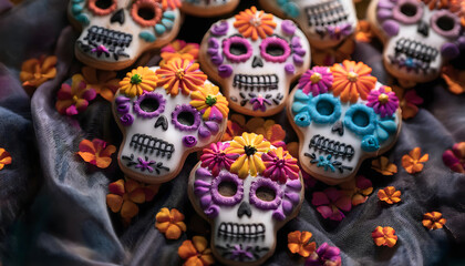 Fototapeta premium zucker, totenkopf, totenköpfe, kekse, halloween, neu, close up, pattern, copy space, dia de los muertos, dekor, glasur, bunt, karte, flyer, texture, schädel, Vielfalt, blumen, süss, niedlich, ad, y2k
