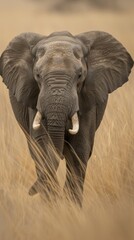 Naklejka premium An African elephant walks through grass at sunset