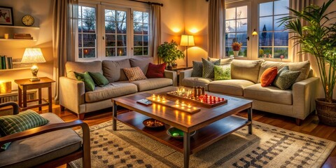 Cozy living room setup for a family game night, with aTrivia board game on a coffee table, surrounded by comfortable couches and warm lighting.
