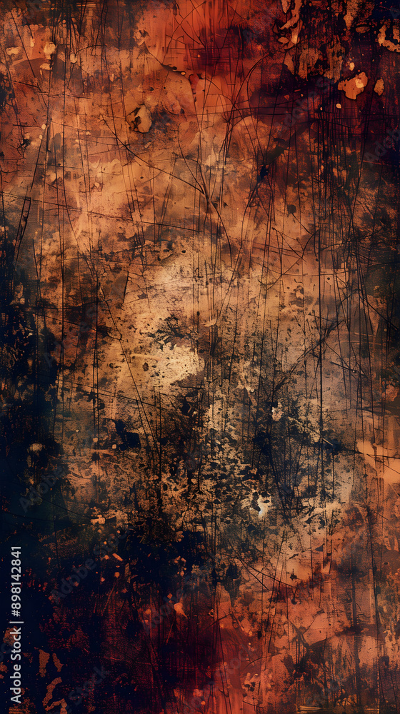 Poster grunge texture features an abstract blend of deep reds, oranges, and blacks with mottled patterns, s