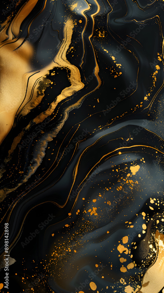 Poster elegant black and gold abstract background featuring fluid shapes and shimmering sparkles, creating 