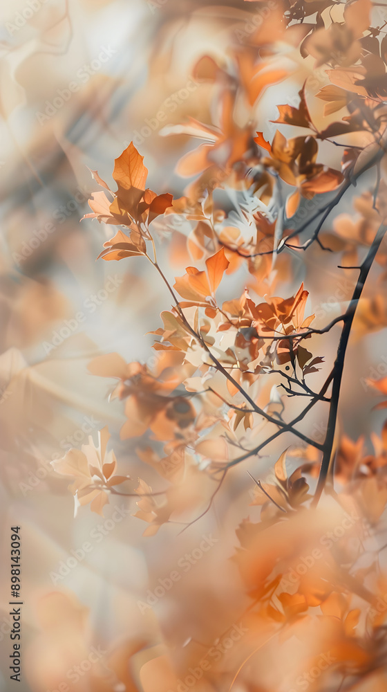Poster golden and orange leaves gently sway on branches, illuminated by soft, diffused light, creating a wa