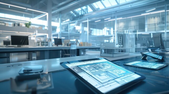 modern architectural office where designers use digital surface tablets to interactively modify building plans
