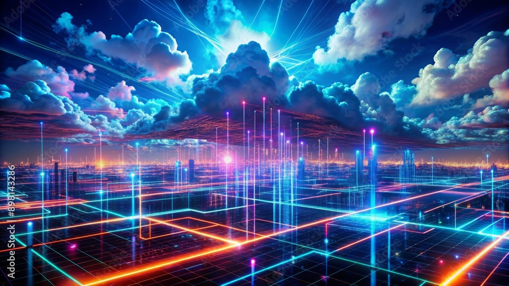 Poster sleek, neon-lit circuits converge with swirling clouds of data, blurring boundaries between physical
