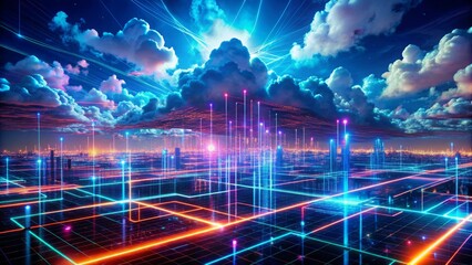 Fototapeta premium Sleek, neon-lit circuits converge with swirling clouds of data, blurring boundaries between physical and virtual realms in a mesmerizing, futuristic digital landscape.