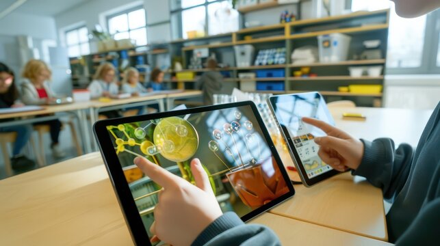 modern classroom with students using augmented reality apps on tablets to explore complex scientific concepts