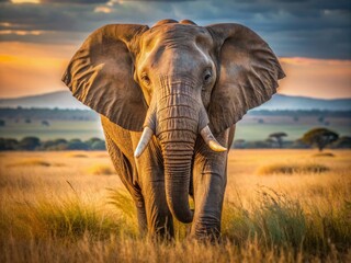 Fototapeta premium Majestic African elephant stands in serene savannah landscape, wrinkled gray skin glistening in warm sunlight, tusks gleaming, ears flapping gently in the breeze.
