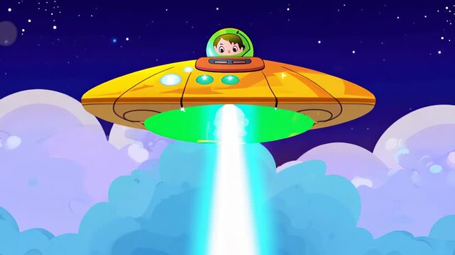 A bright cartoon flying saucer against a starry sky, emitting light.