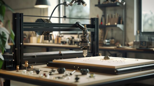 modern digital workshop where craftspeople use CNC machines and laser cutters guided by software to create intricate designs