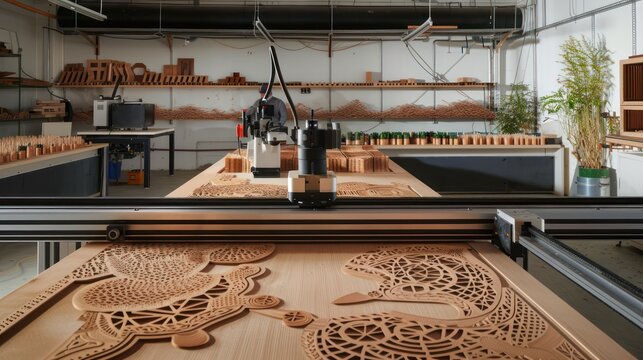 modern digital workshop where craftspeople use CNC machines and laser cutters guided by software to create intricate designs