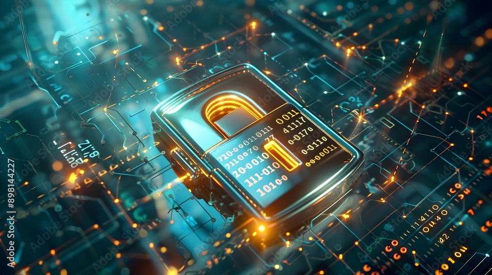 Poster digital lock with binary code on passing lane sign symbolizing cybersecurity