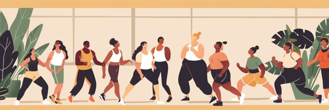 Group of people with various body types participate in fitness class at gym. Individuals move in different poses, showing movement, dynamism. Gray, white and brown colors add depth to scene.