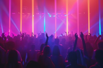 Vibrant crowd enjoying an electrifying concert under colorful lights, creating an energetic atmosphere filled with excitement.
